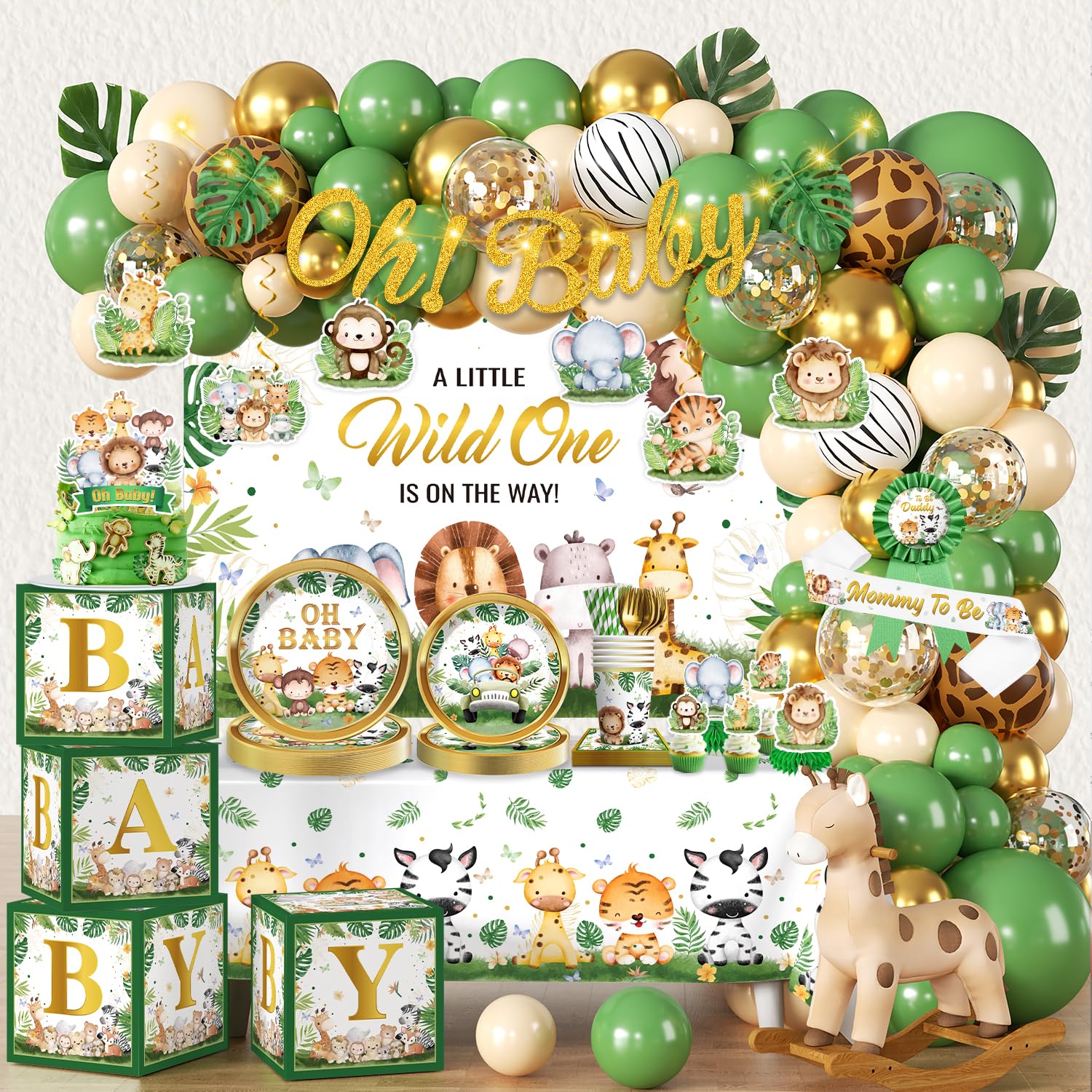 Cocomigo safari baby shower backdrop adds a playful jungle vibe for a boy's celebration.