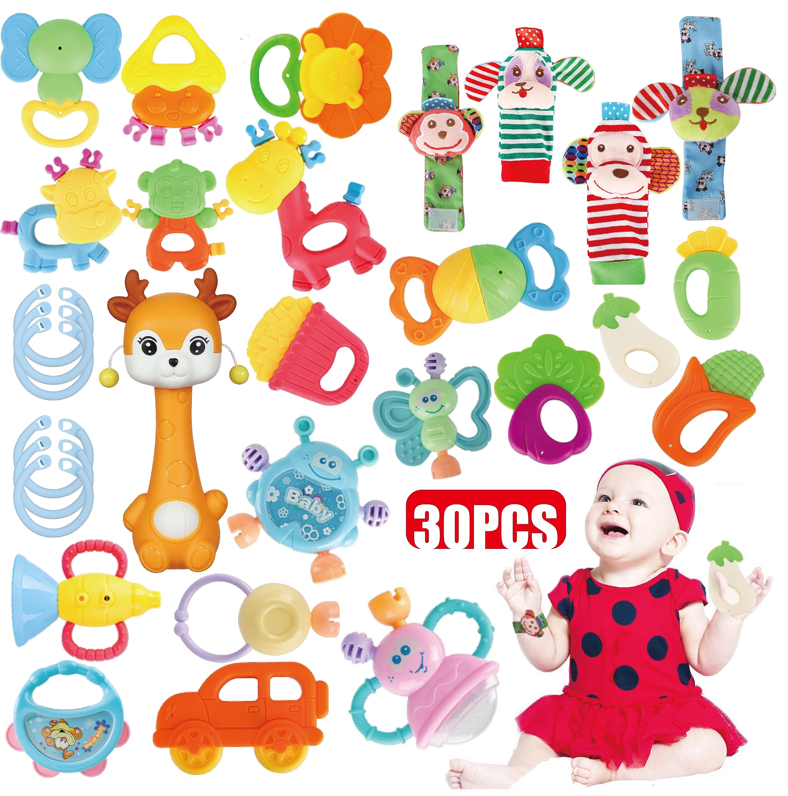Cocurb 30-piece high-contrast set with rattles supports early visual tracking.