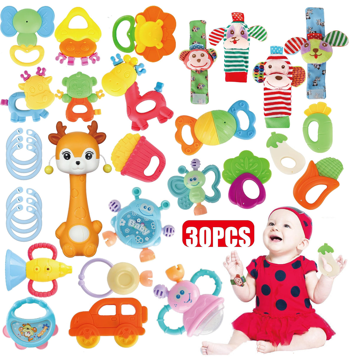 Cocurb 30-piece high-contrast set with rattles supports early visual tracking.