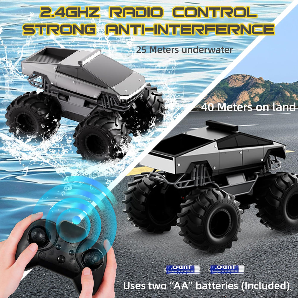 Cokzer Cyber Truck remote control emphasizes responsive 2.4GHz connection.