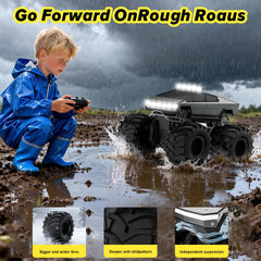 Cokzer Cyber Truck LED lights on for nighttime off-road adventures.