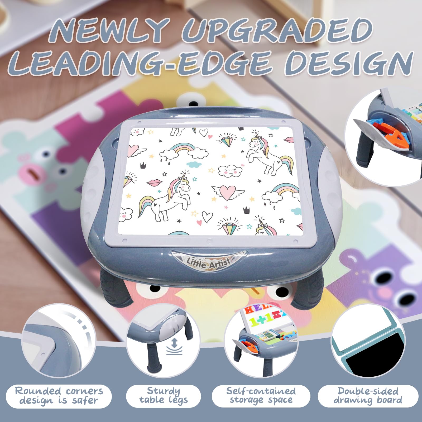 Cokzer removable legs doodle table adapts for table or lap use.