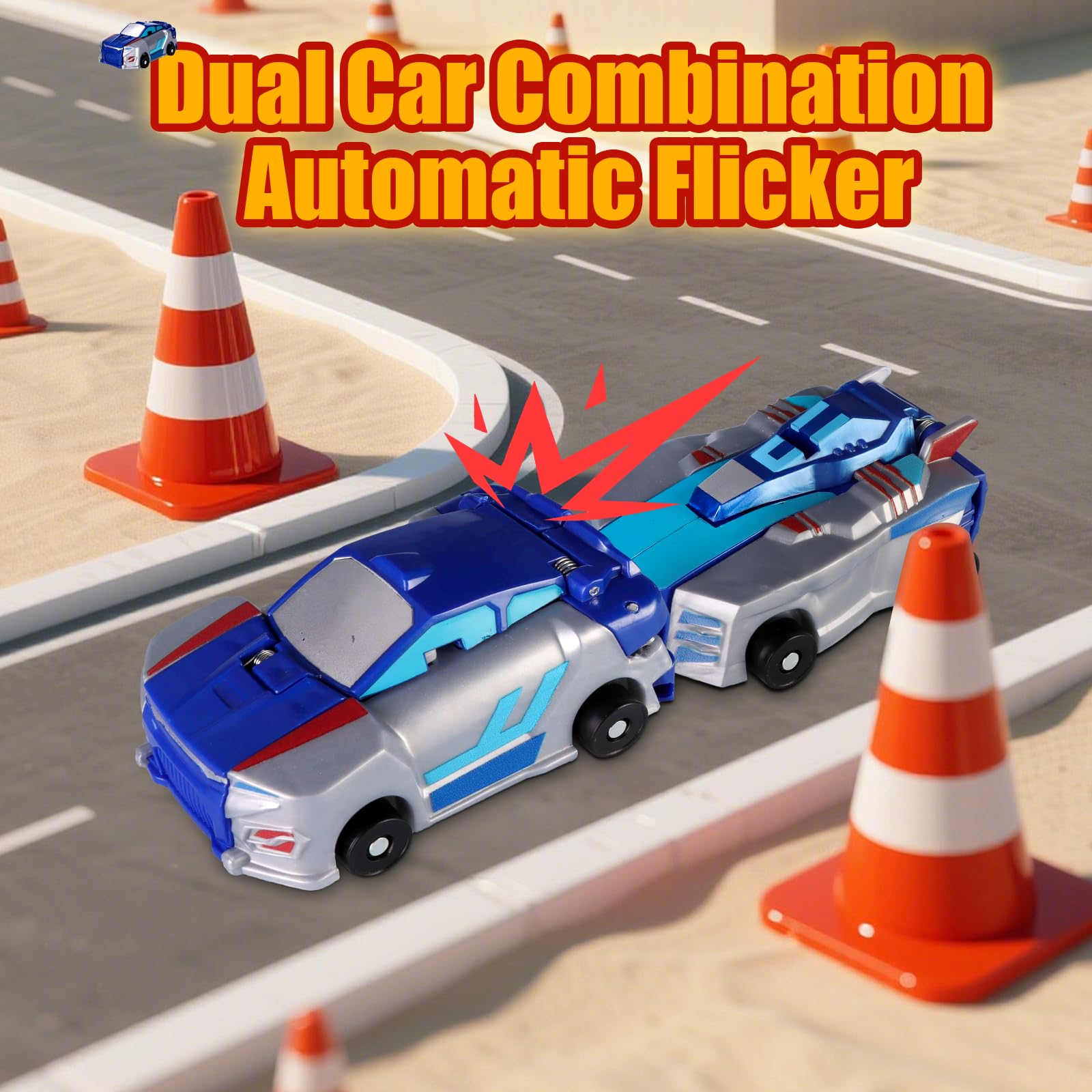 Collision Transforming Dinosaur Car Toy blue, action scene encouraging sharing and play