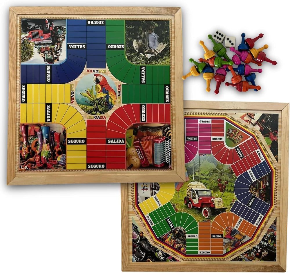 Colombian Magnetic Parchis Board: double-sided wooden game board for family play.