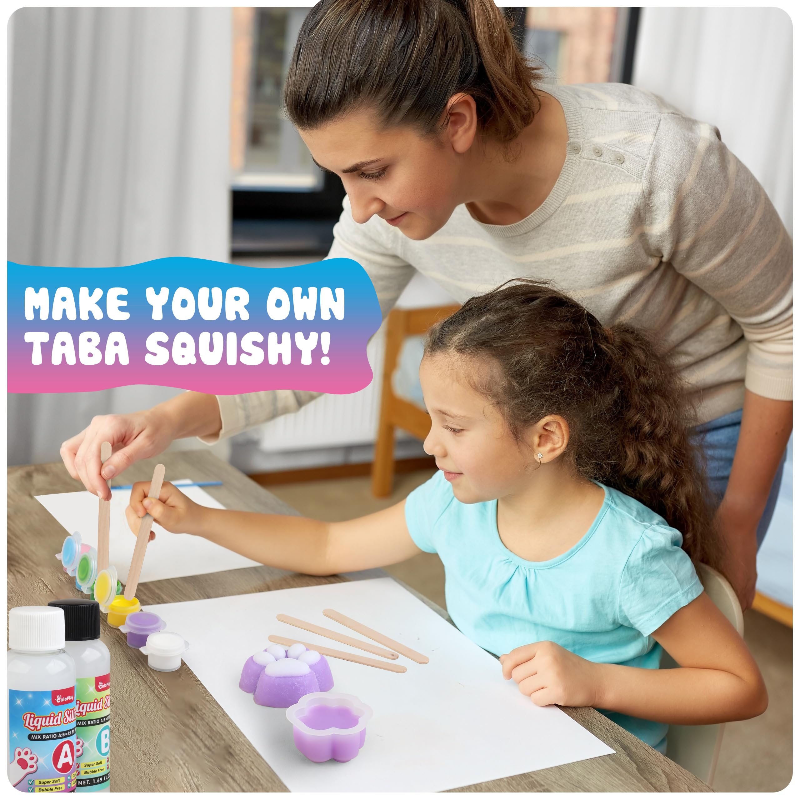 ColoPlay Taba Squishy Kit mixing cups and gloves for clean, beginner-friendly prep.