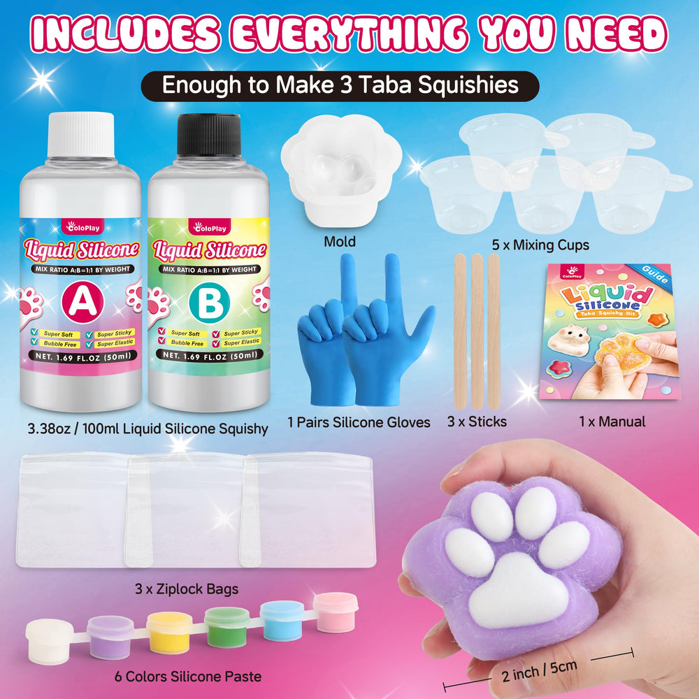 ColoPlay Taba Squishy Kit silicone base 3.4oz for smooth, soft squishies.