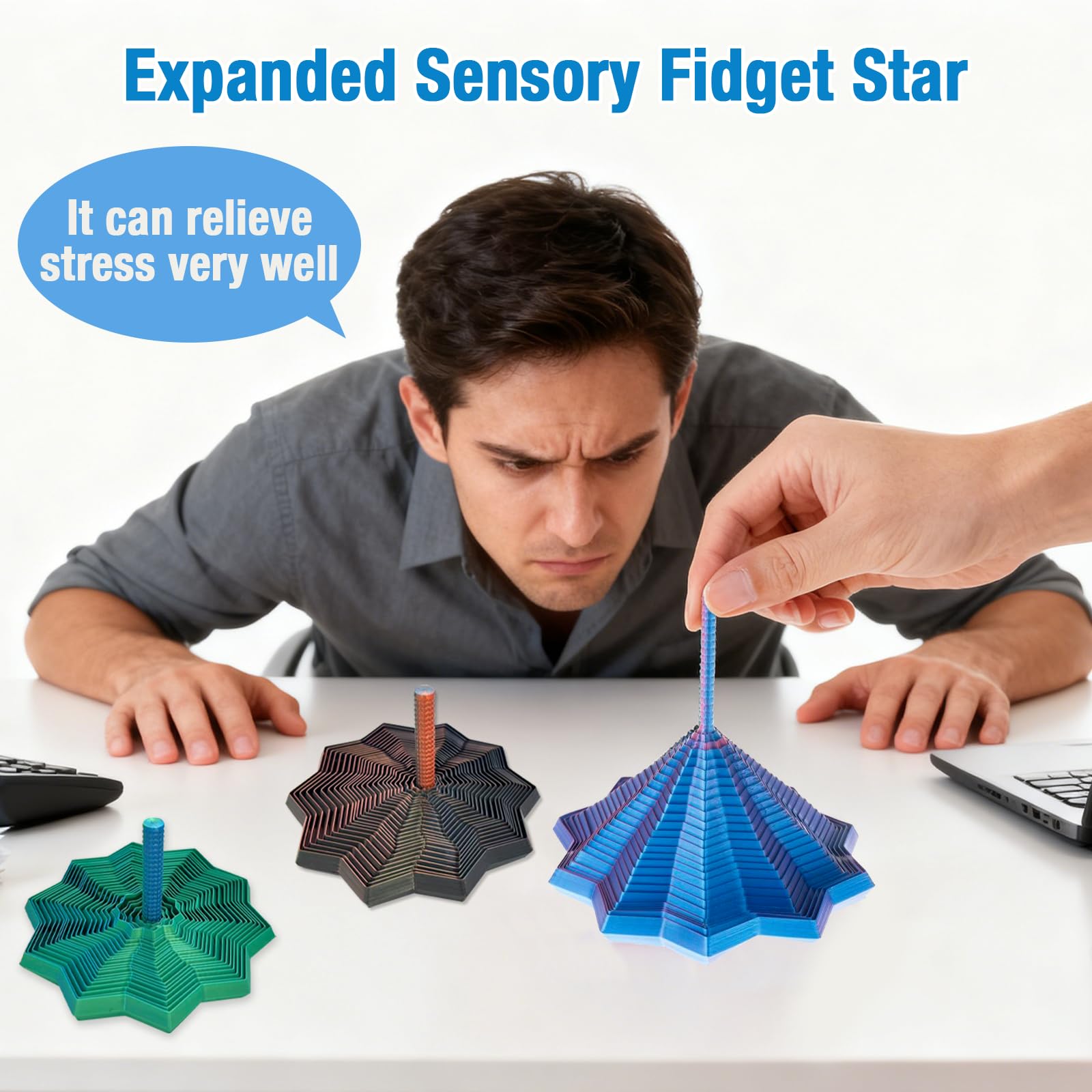 Colorful 3D Printed Expanded Sensory Fidget Star suited for ADHD fidget relief.