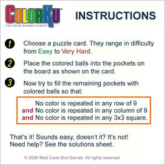 ColorKu board measures 11.5 by 11.5 inches for tabletop play.