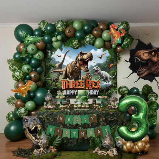 ColorToyz T-Rex balloon arch with dark greens adds jungle party flair.