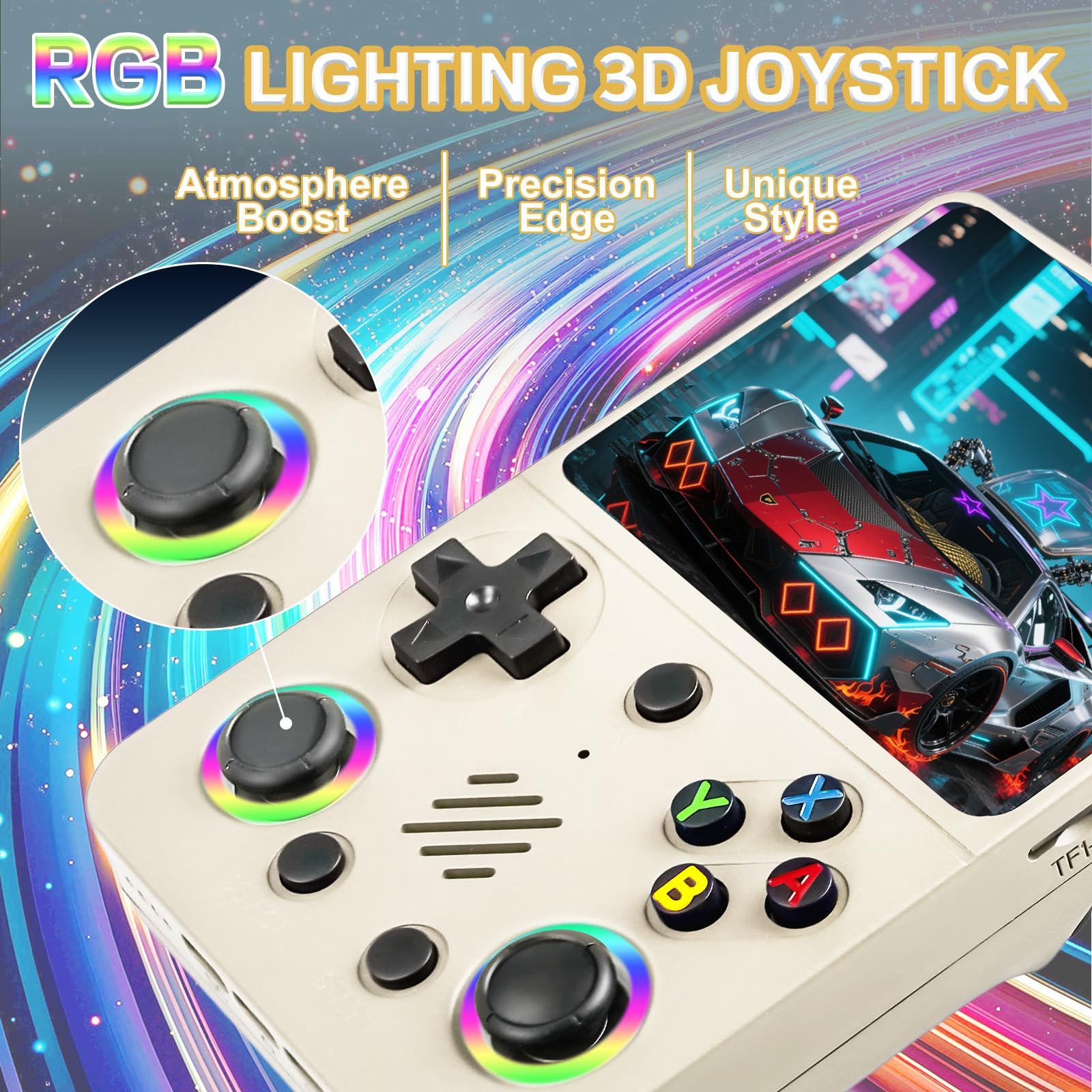 Colourbing RG36PRO RGB joystick lighting adds playful ambience during gameplay.