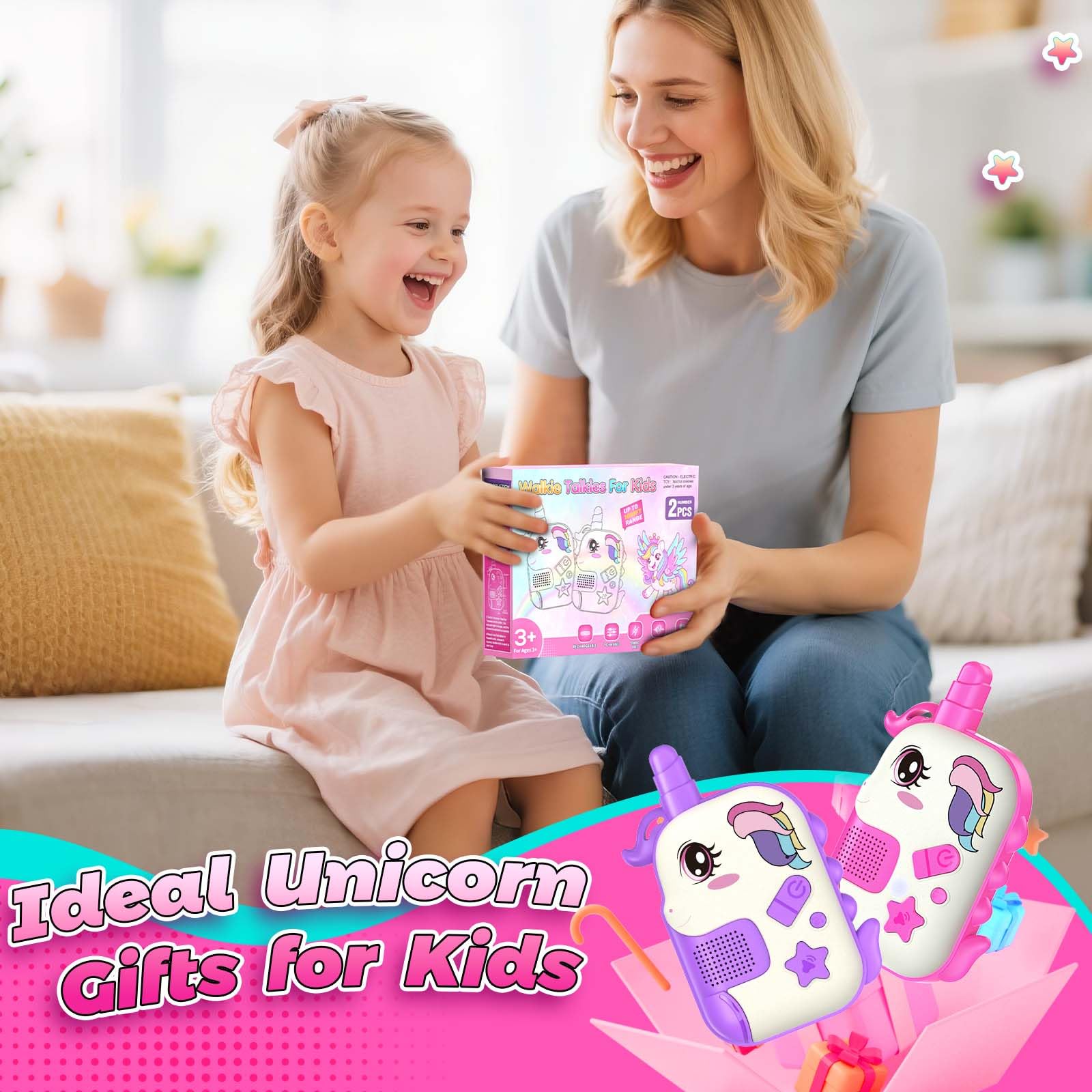 ComedyFun gift-ready unicorn walkie talkie set, perfect for birthdays or holidays.
