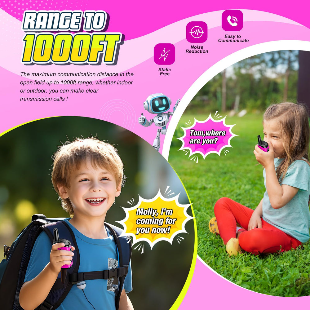 ComedyFun kids walkie talkie pink side view, compact and portable for small hands.