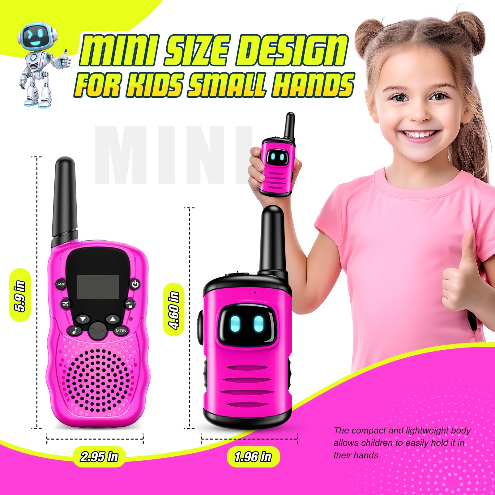 ComedyFun mini-robot walkie talkie pink in-hand shot highlights lightweight, durable design.