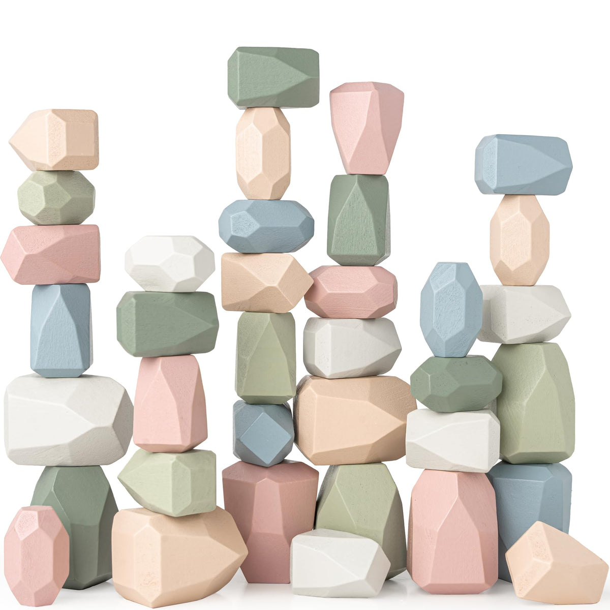 Comfy Cubs wooden stacking rocks being stacked to boost fine motor skills and imagination