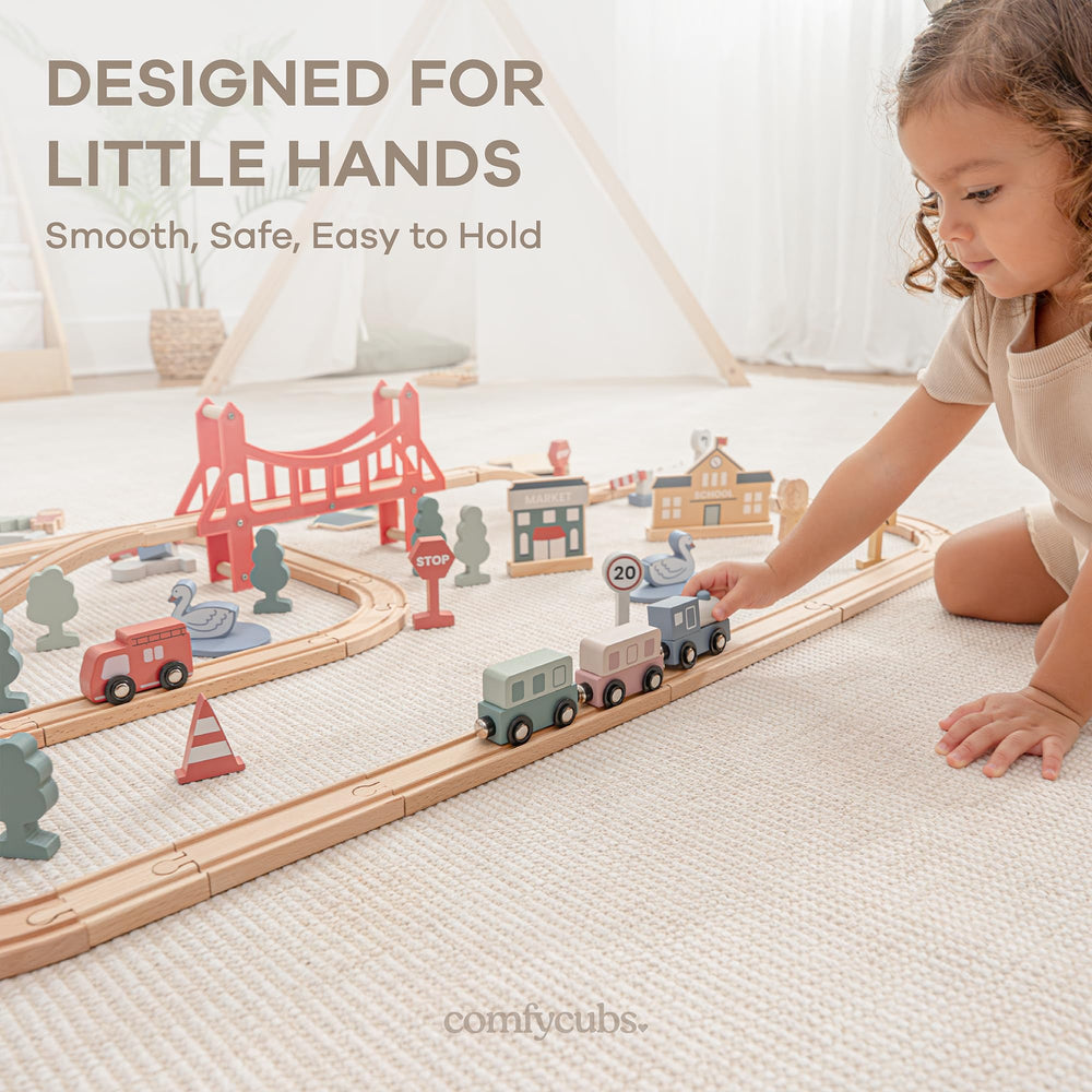Comfy Cubs town signs and railway scene spark storytelling adventures.
