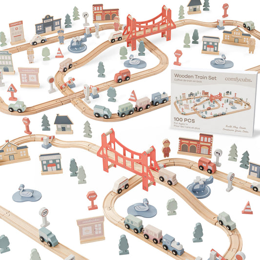 Comfy Cubs wooden train set with tracks encourages hands-on imaginative play.