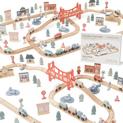 Comfy Cubs wooden train set with tracks encourages hands-on imaginative play.