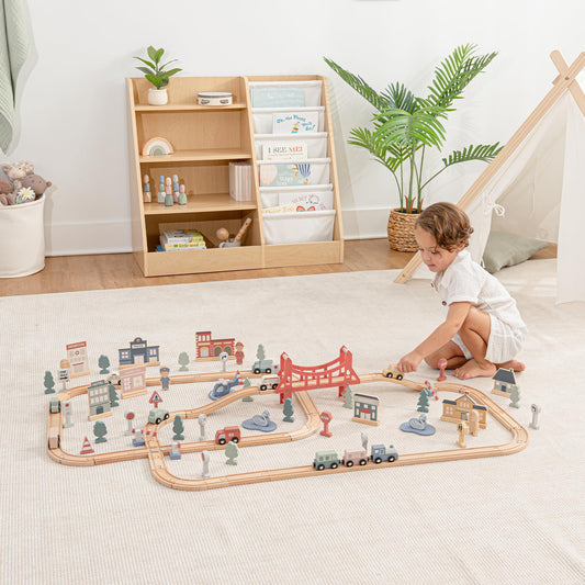 Comfy Cubs wooden bridge and trees highlight expandable layout and scenery.