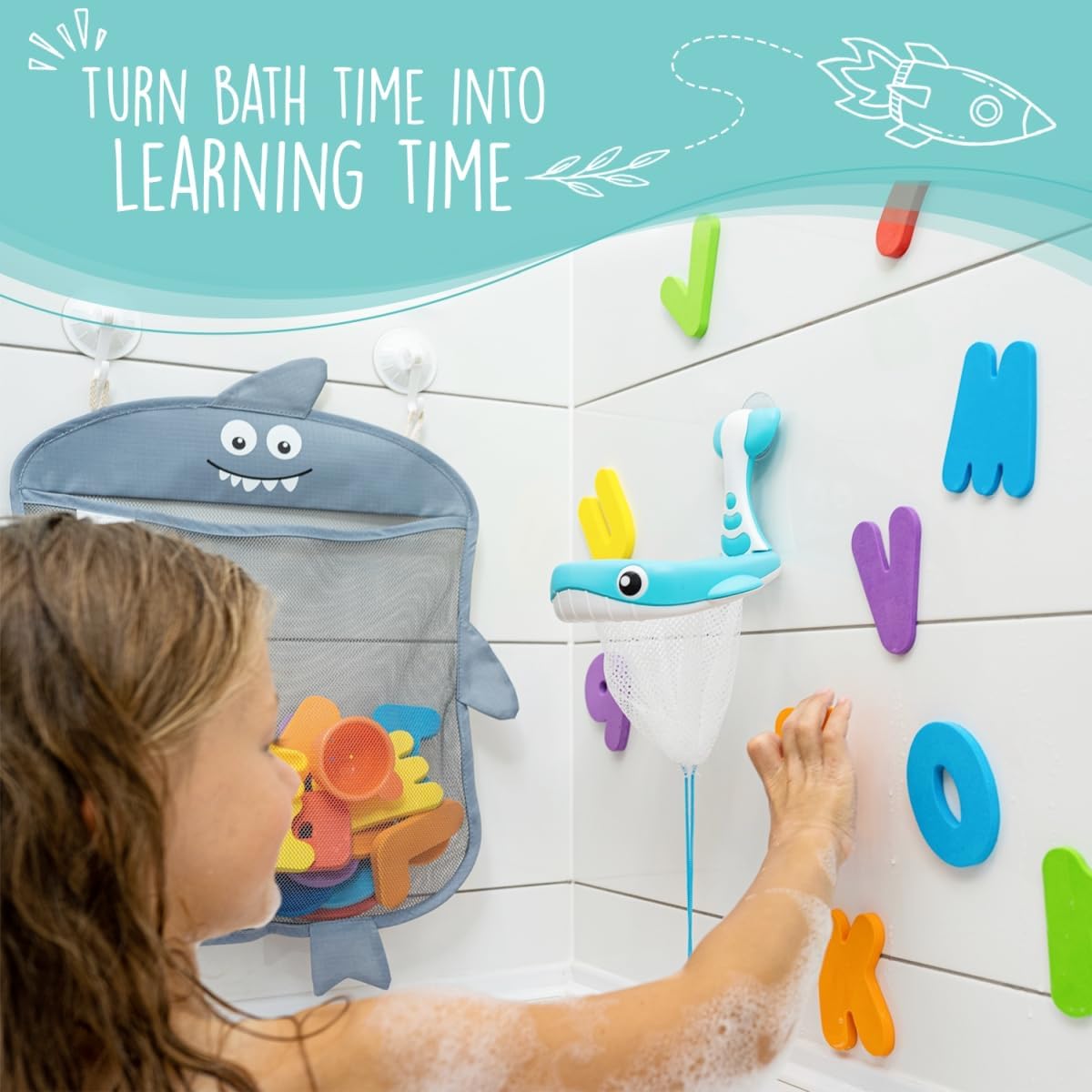 Multi pocket bath storage organizer keeps toys, soap, and toothbrushes tidy