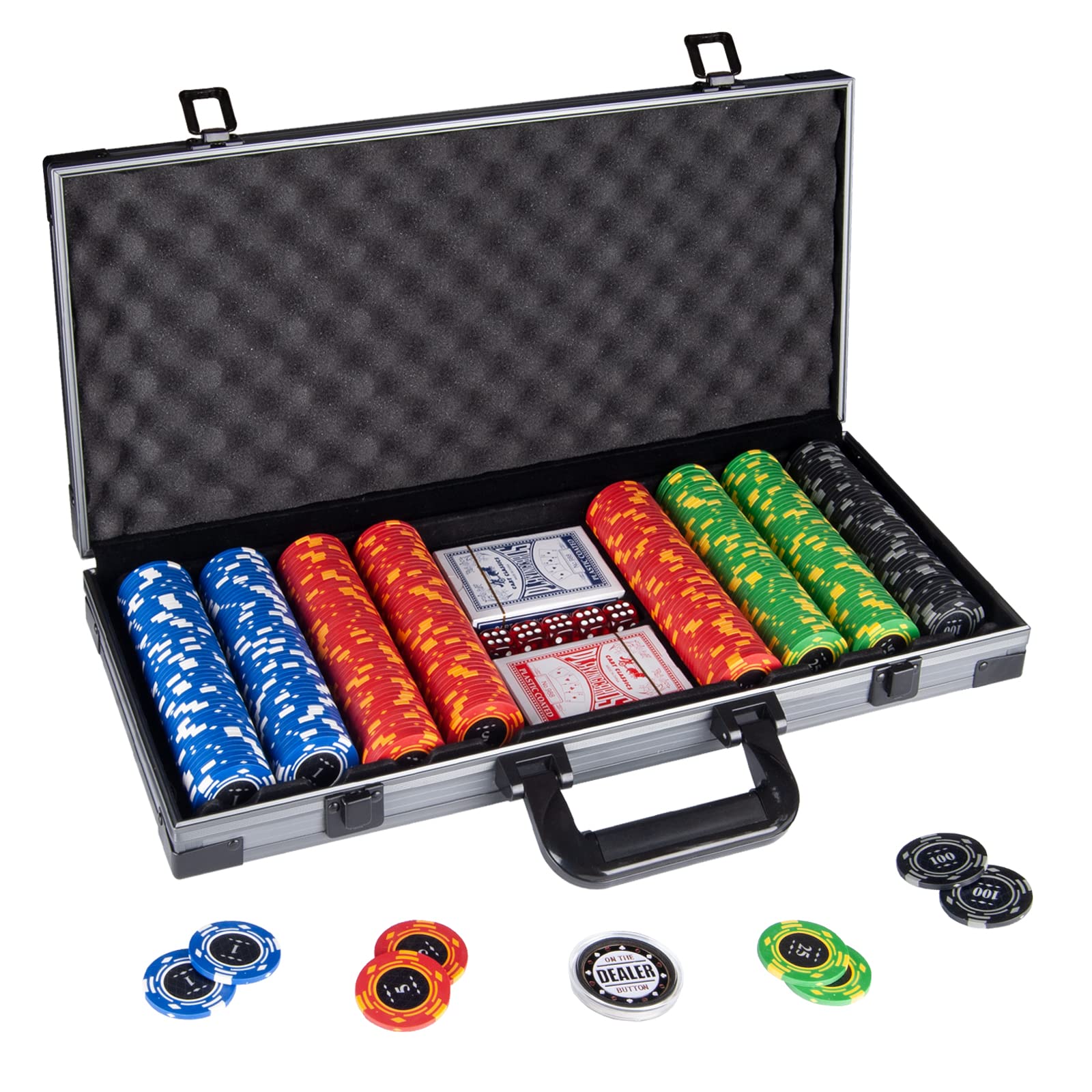 Comie clay poker chips, 400-piece set with numbered denominations for authentic casino-style play.