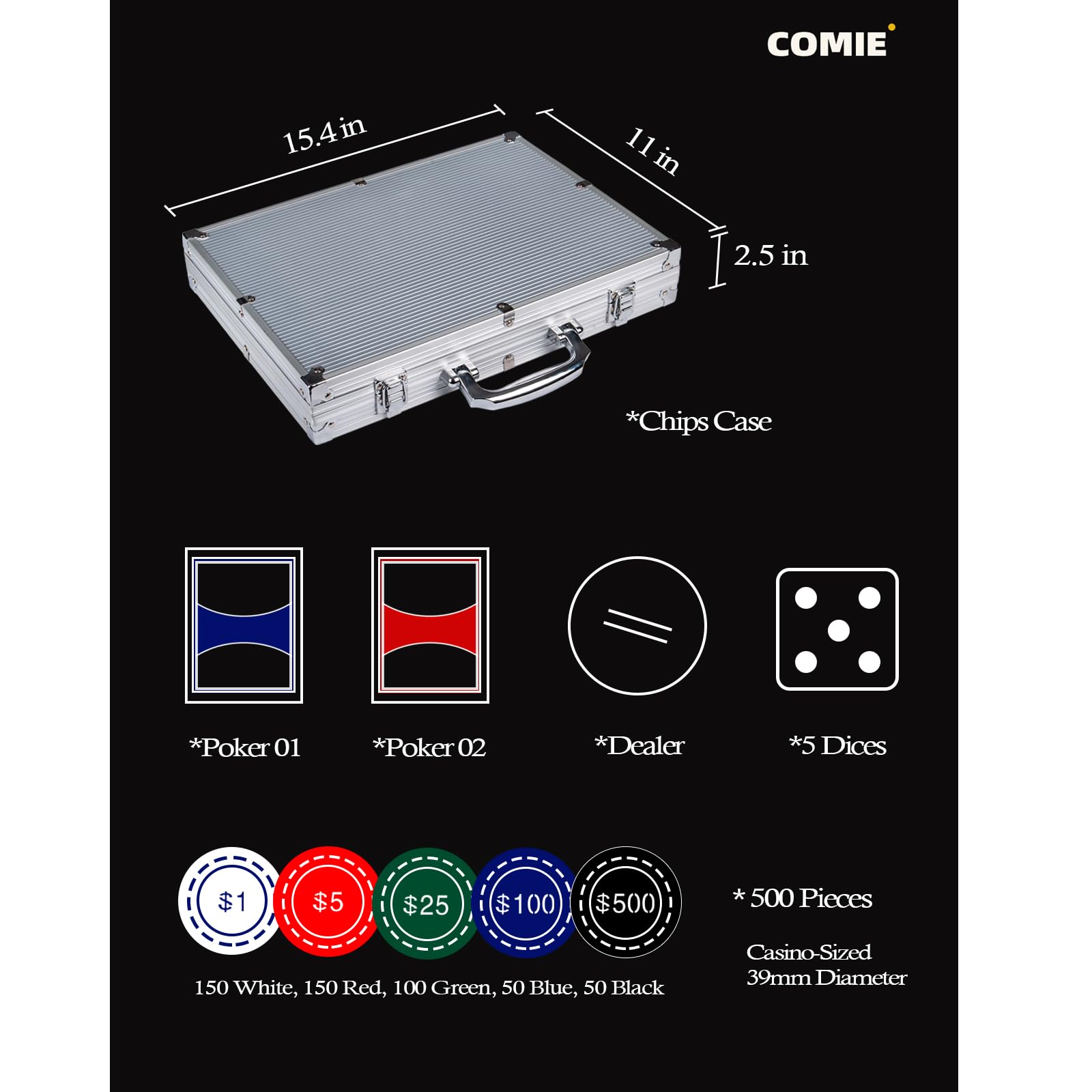 Comie poker chips case with velour tray keeps pieces organized and dust-free.