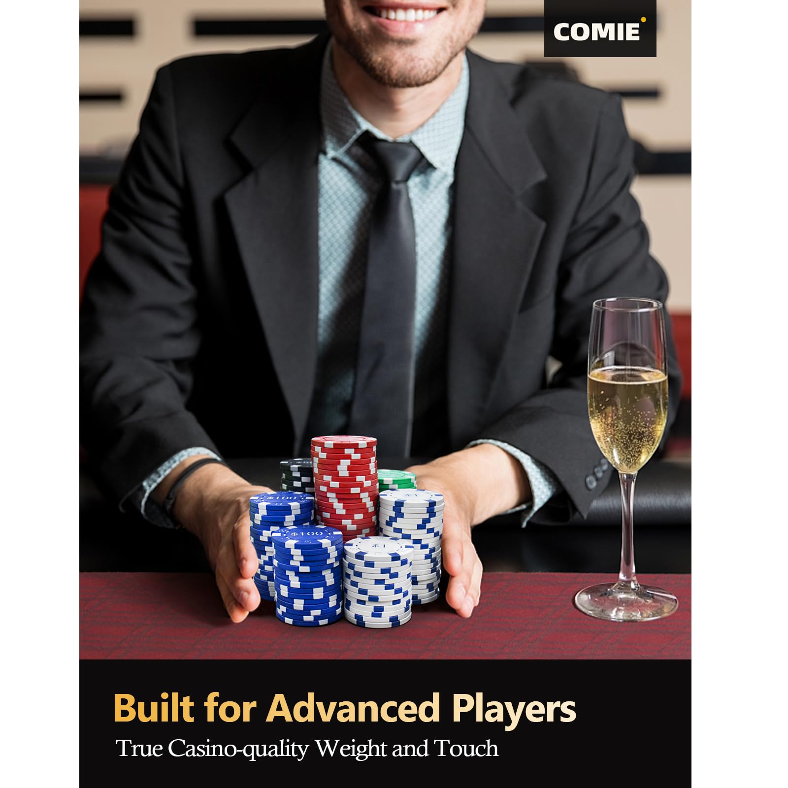 Comie poker chips set ideal for Texas Hold'em and blackjack at home.