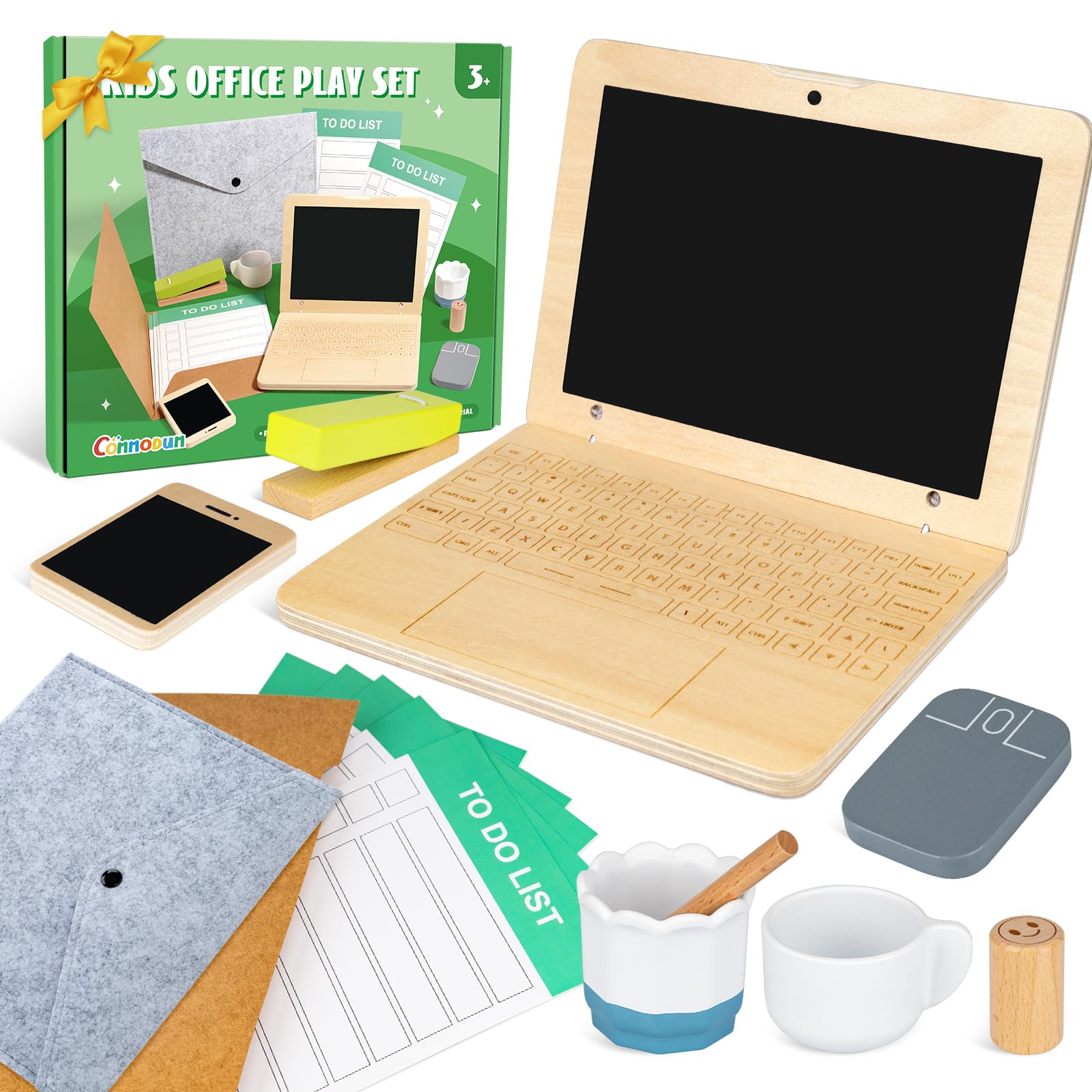 Commodum wooden pretend play office laptop for kids, boosting imaginative desk work and fine motor skills.