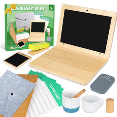 Commodum wooden pretend play office laptop for kids, boosting imaginative desk work and fine motor skills.