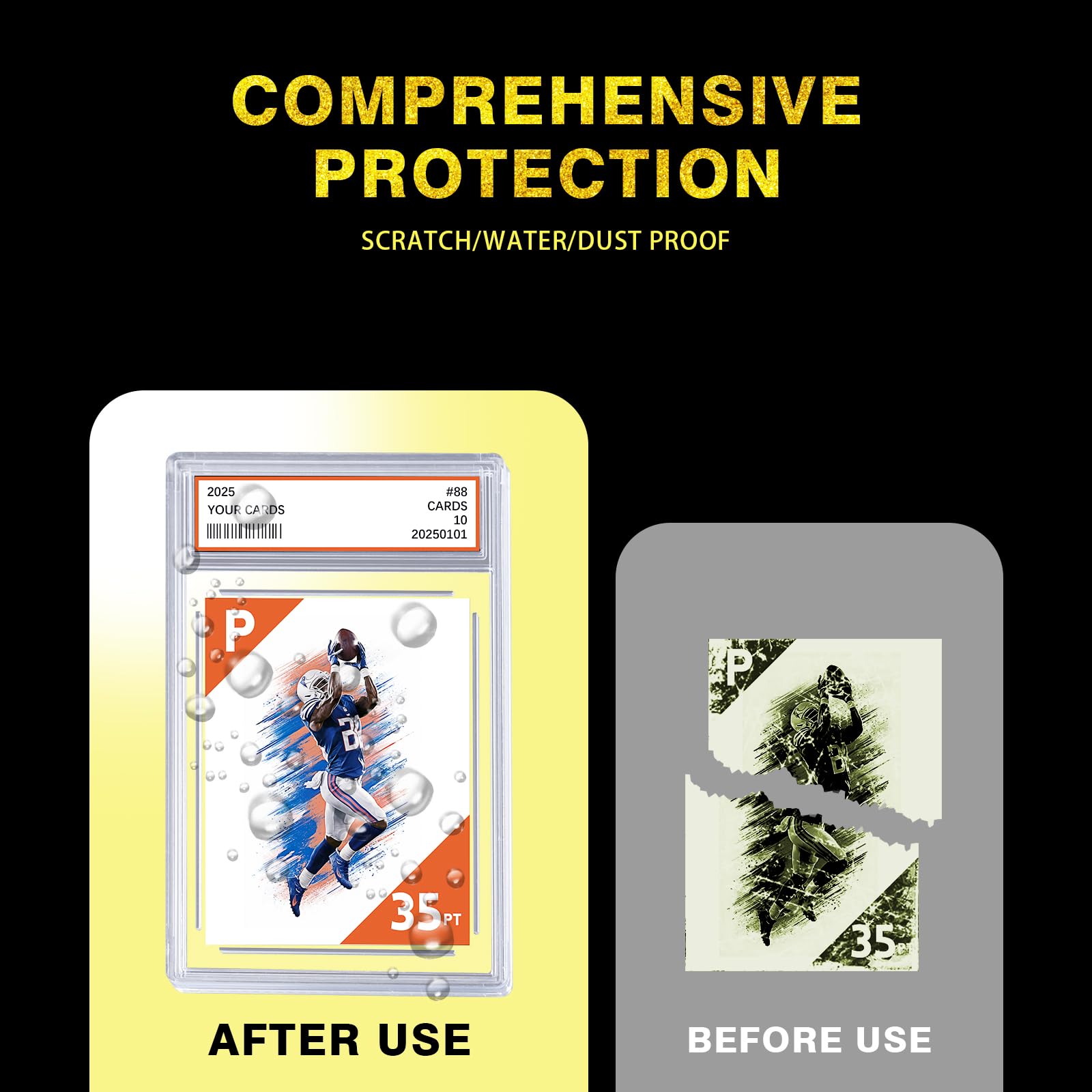 Comnge 12ct graded card slab anti-scratch protection emphasizes premium acrylic's dust and UV defense