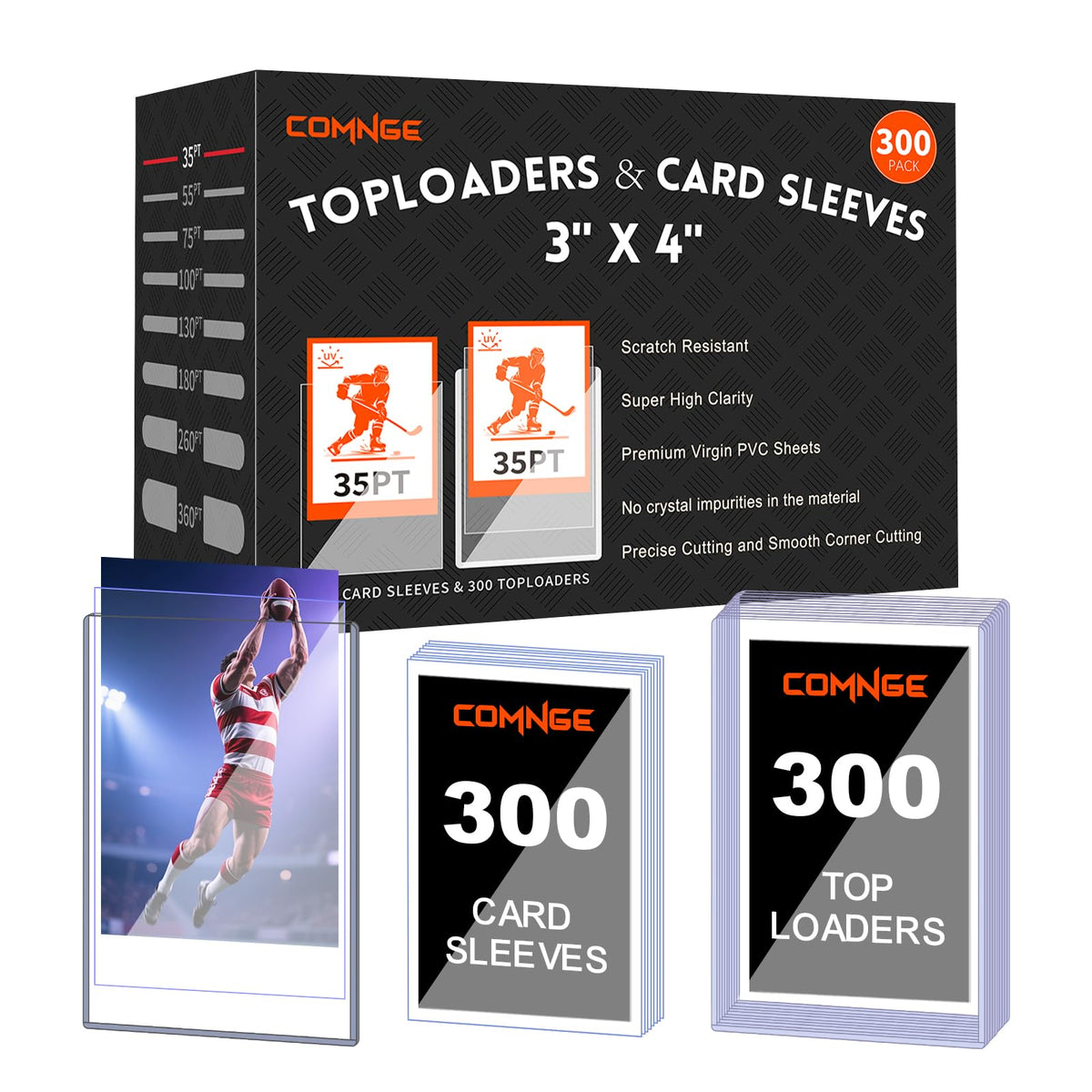 Comnge 3x4 top loader showing a secure, clear fit for 35pt cards