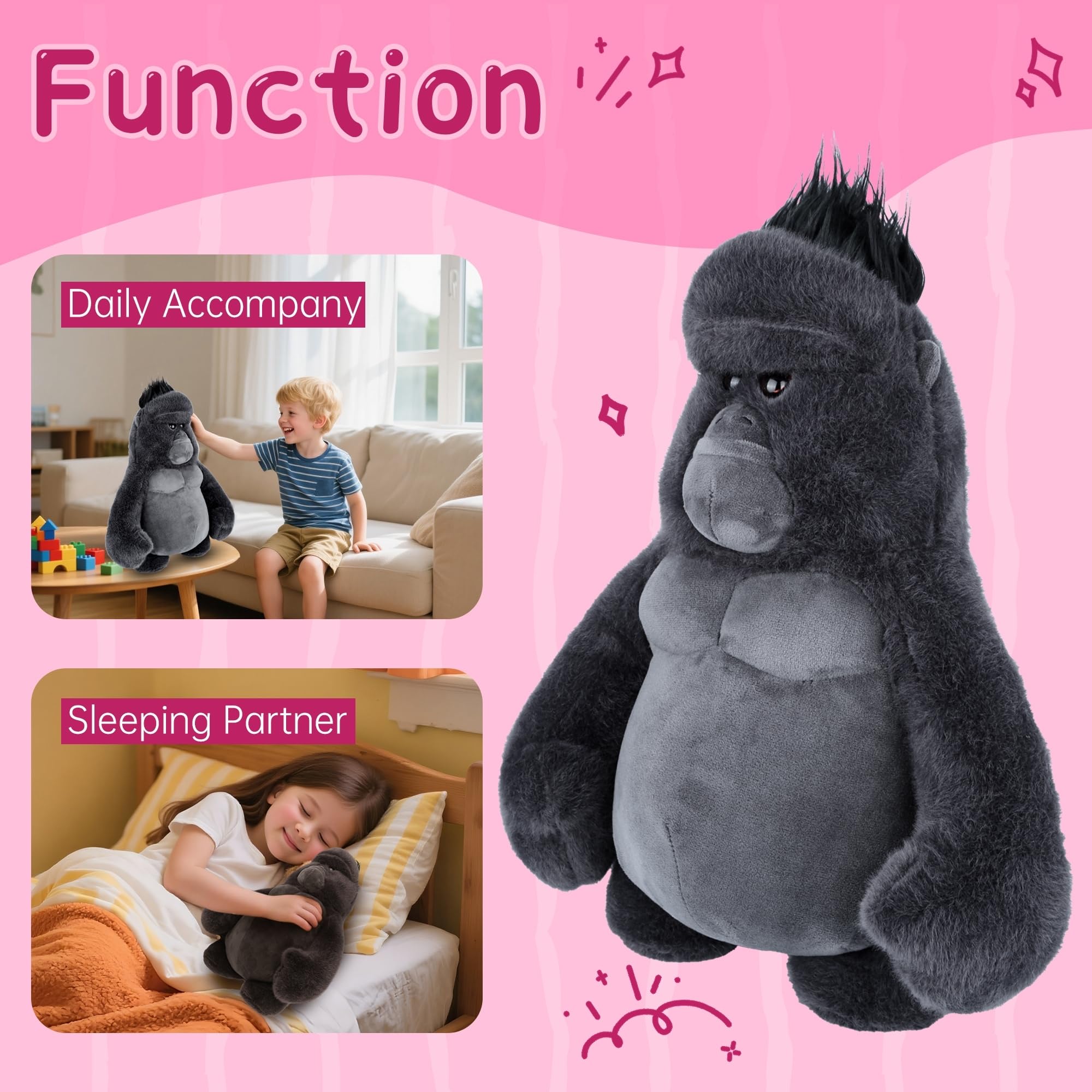 Comnonage gorilla plush bedtime support provides comforting presence during quiet routines.