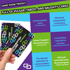 Close-up of Connected Clues Uncensored cards with edgy phrases for laughs