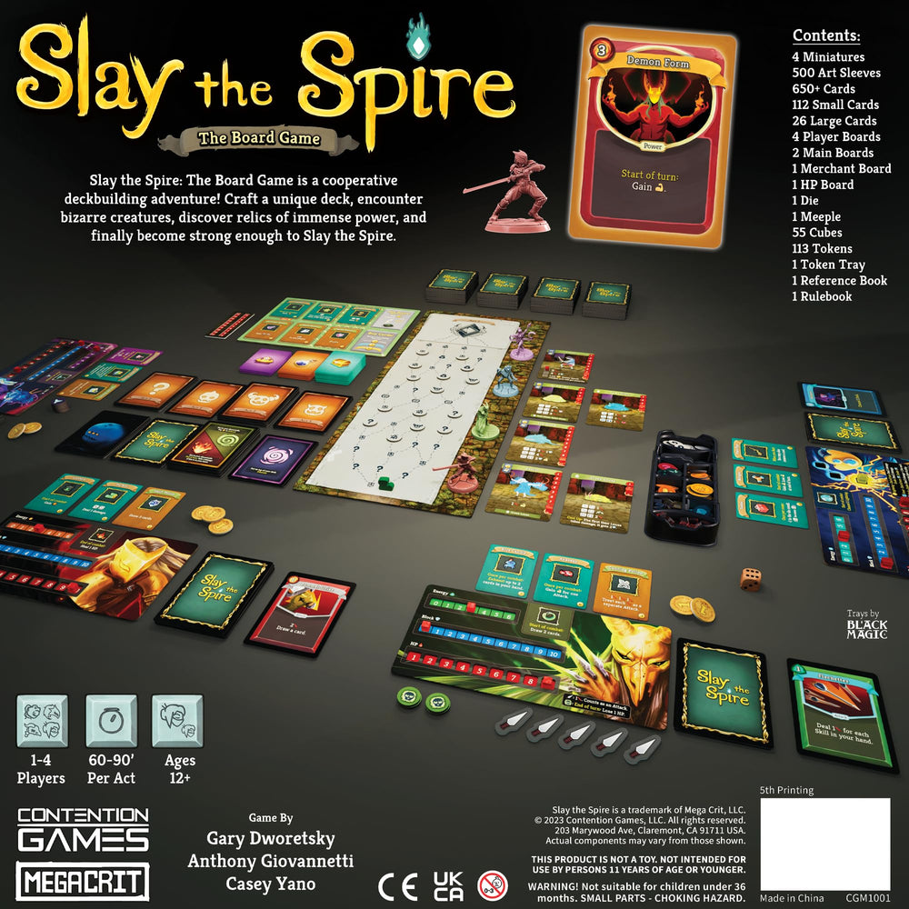 Contention Games' Slay The Spire player boards set up for 1–4 players.