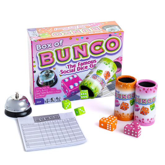 Continuum Games Box of Bunco with colorful dice for engaging social gatherings.