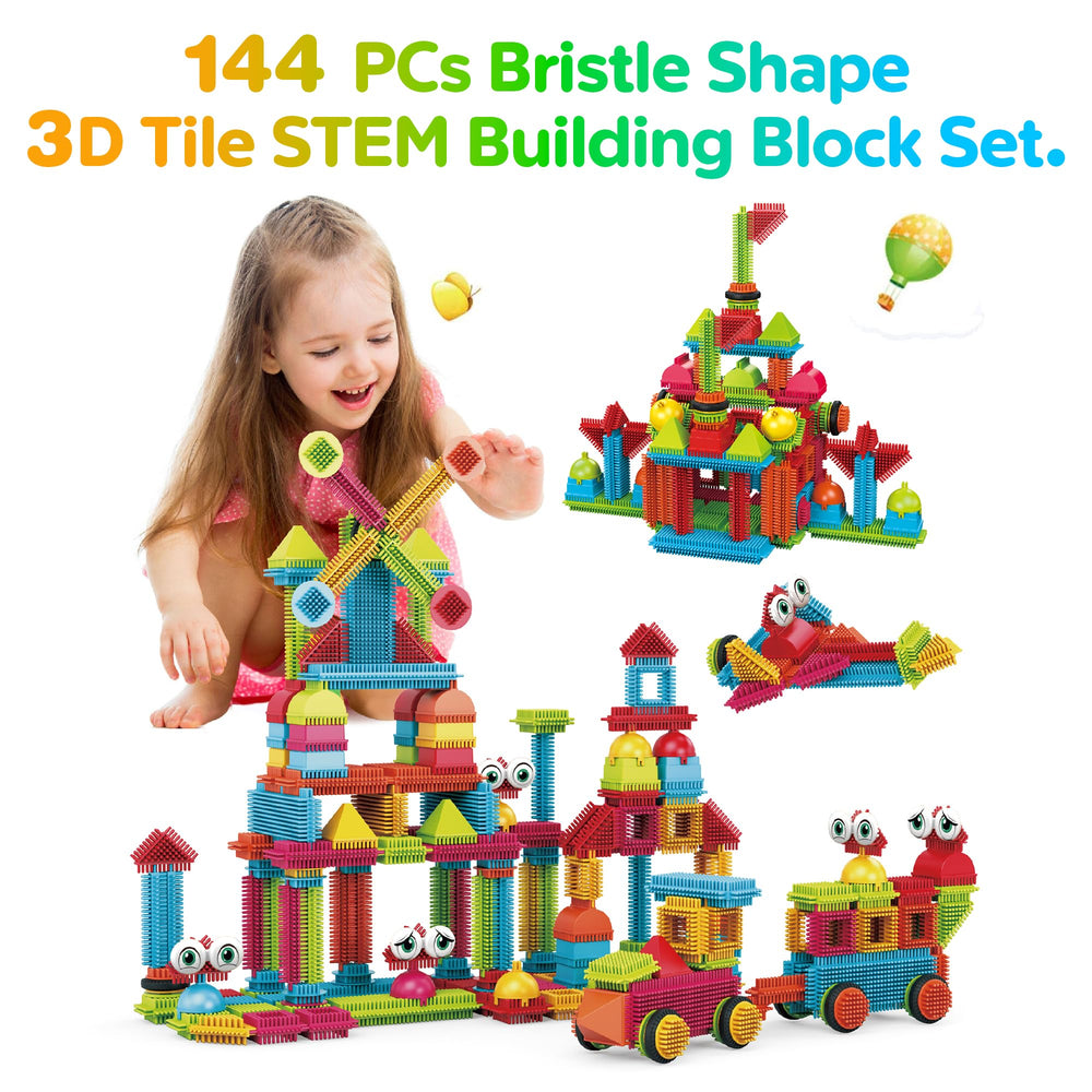 Child builds with bristle tiles, boosting fine motor skills and imagination.