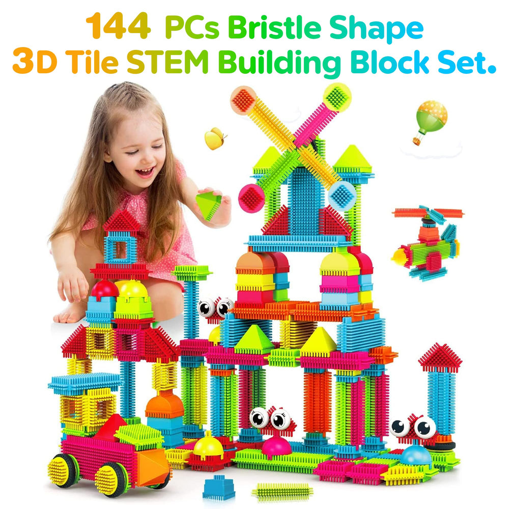 Contixo bristle tiles with safe edges support gentle, safe stacking during playtime.