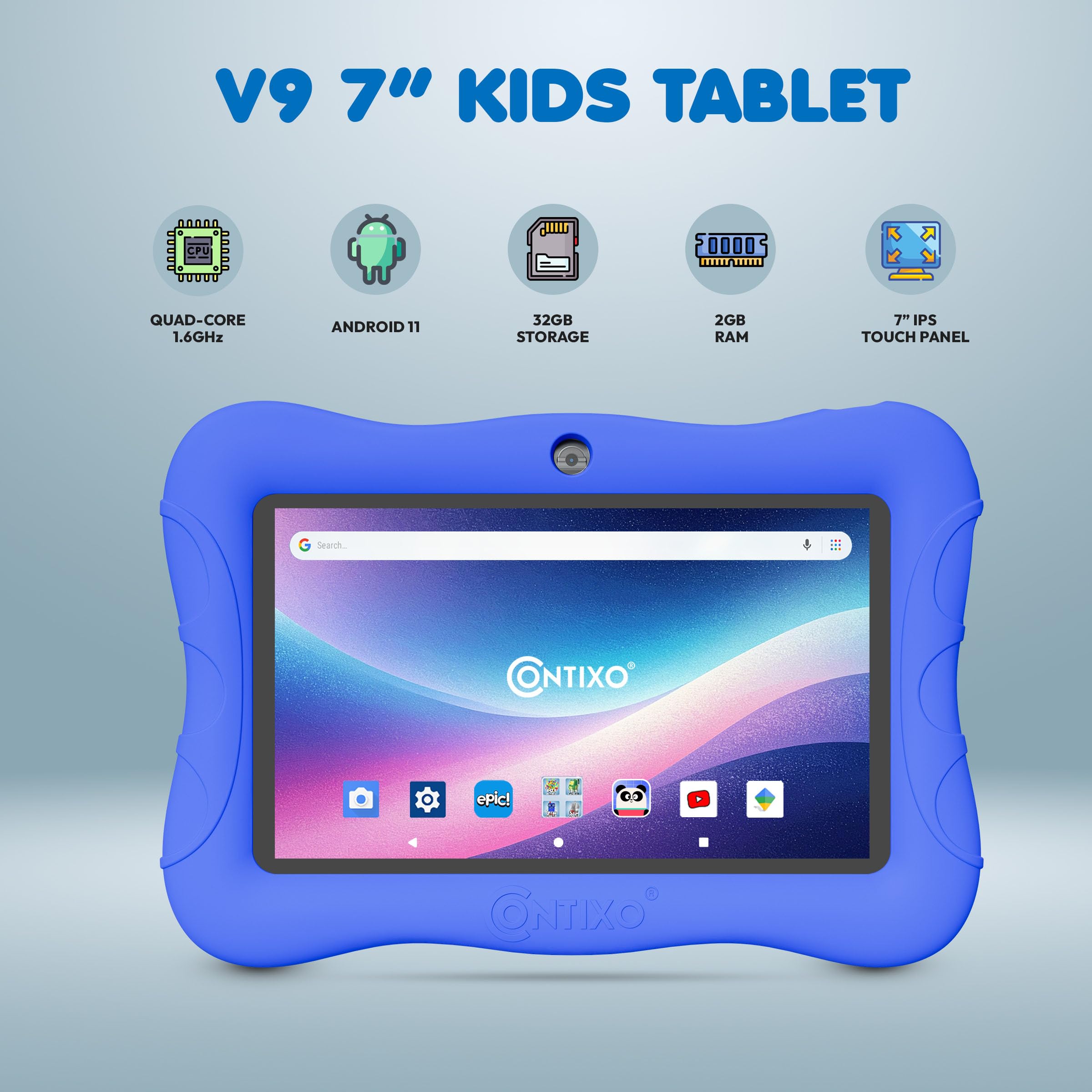 Contixo Disney tablet blue case with kickstand protects while enabling hands-free viewing.