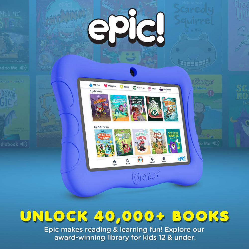 Contixo Disney tablet blue with kid-friendly stylus supports drawing and navigation.