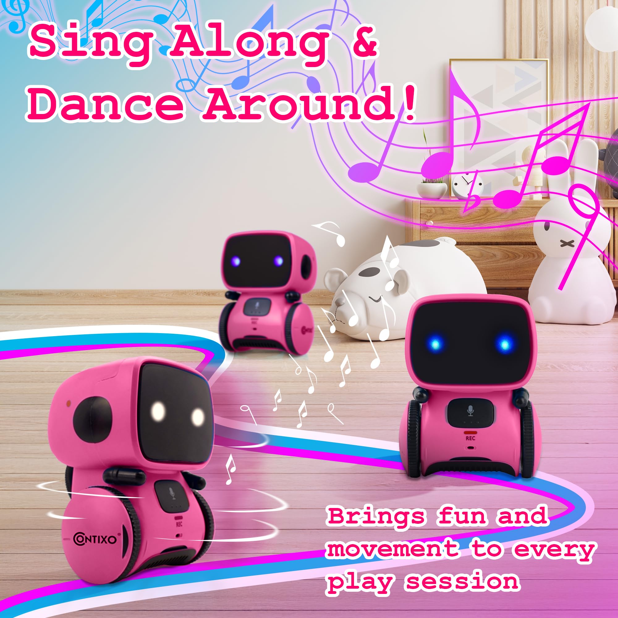 Contixo R1 pink robot requires 3x AAA batteries (not included) for operation.