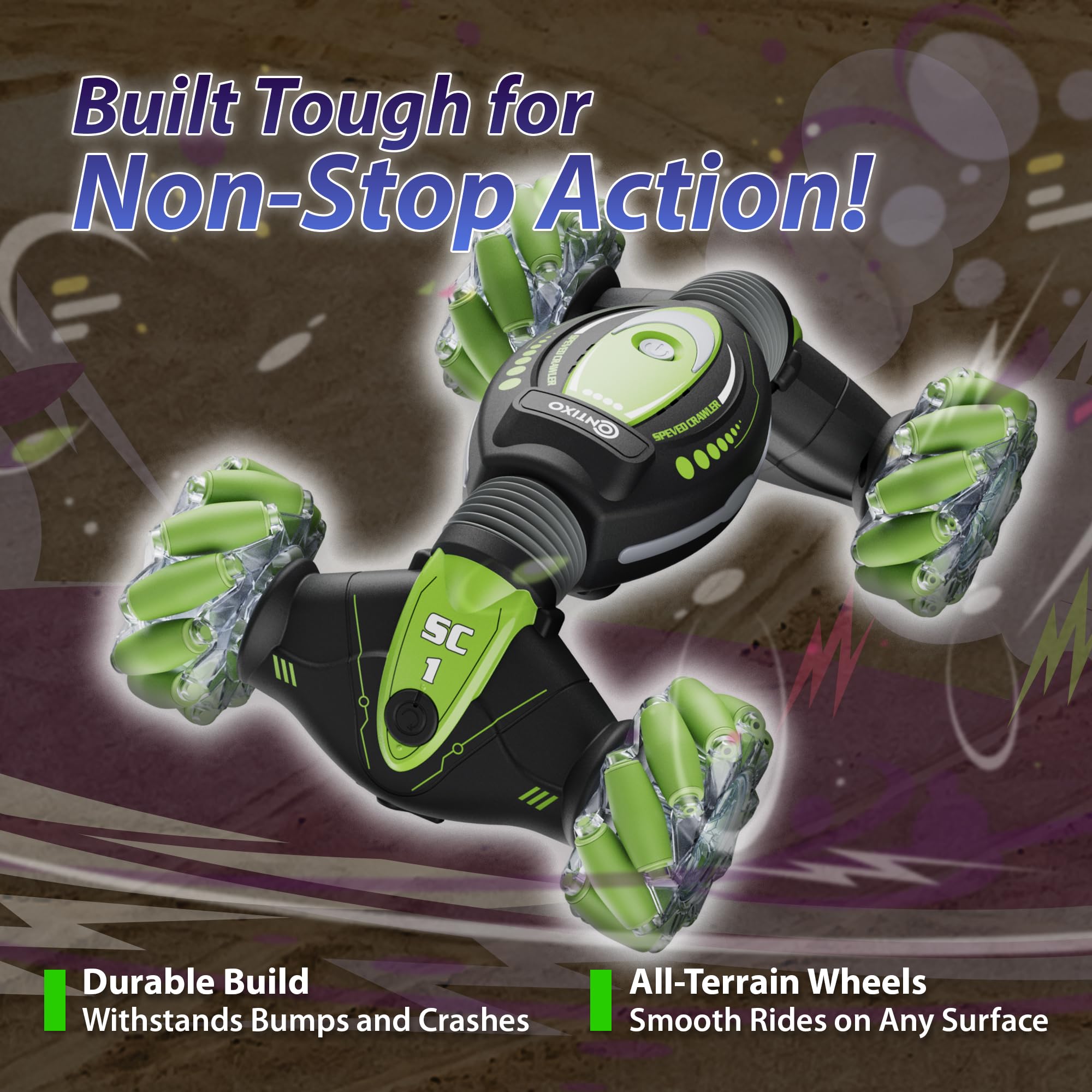 Contixo SC1 4WD tires tackle grass, sand, and gravel for outdoor play.