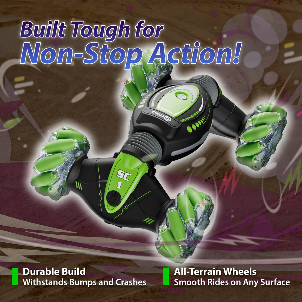 Contixo SC1 4WD tires tackle grass, sand, and gravel for outdoor play.