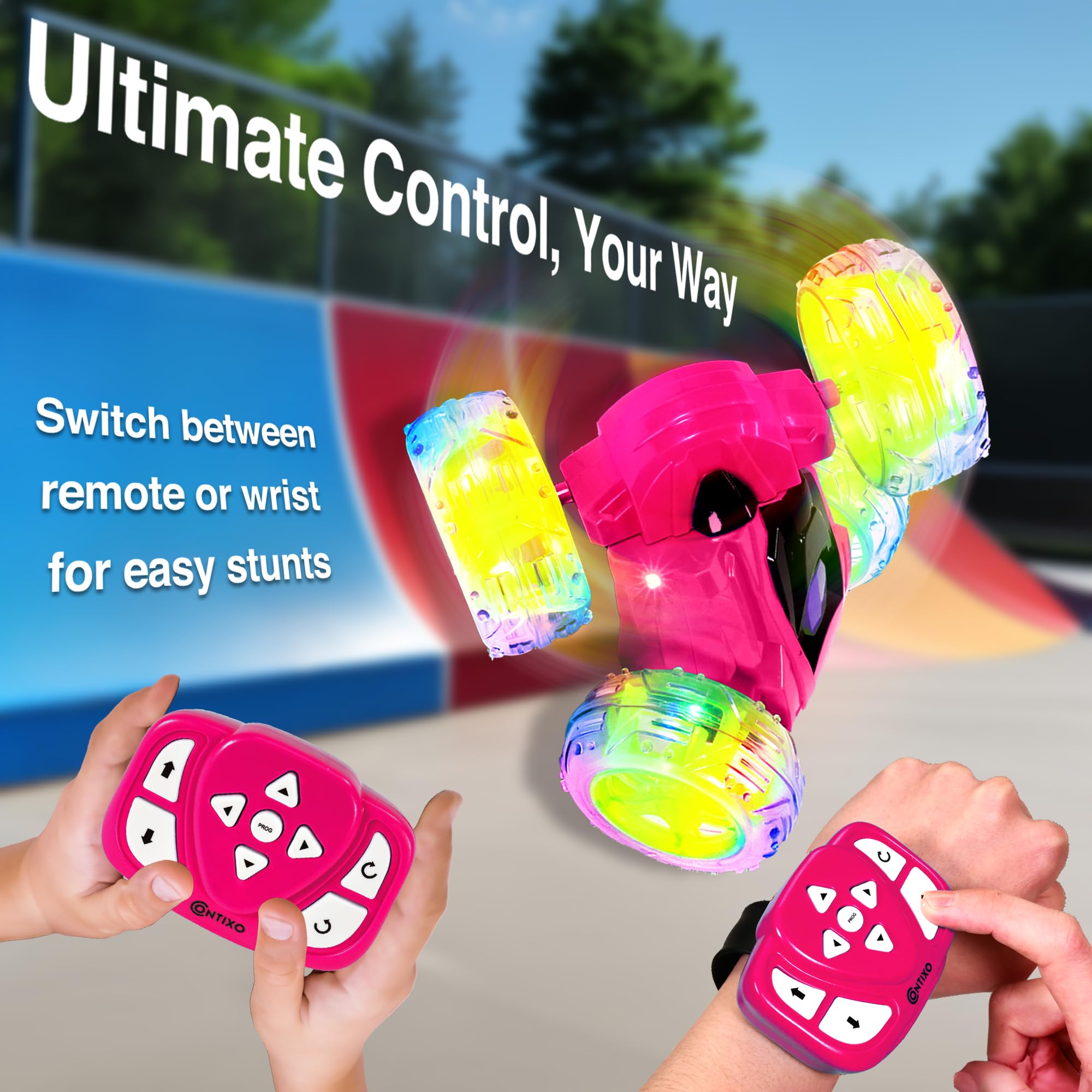 Contixo SC3 pink RC stunt car 360-degree spin image shows flips.
