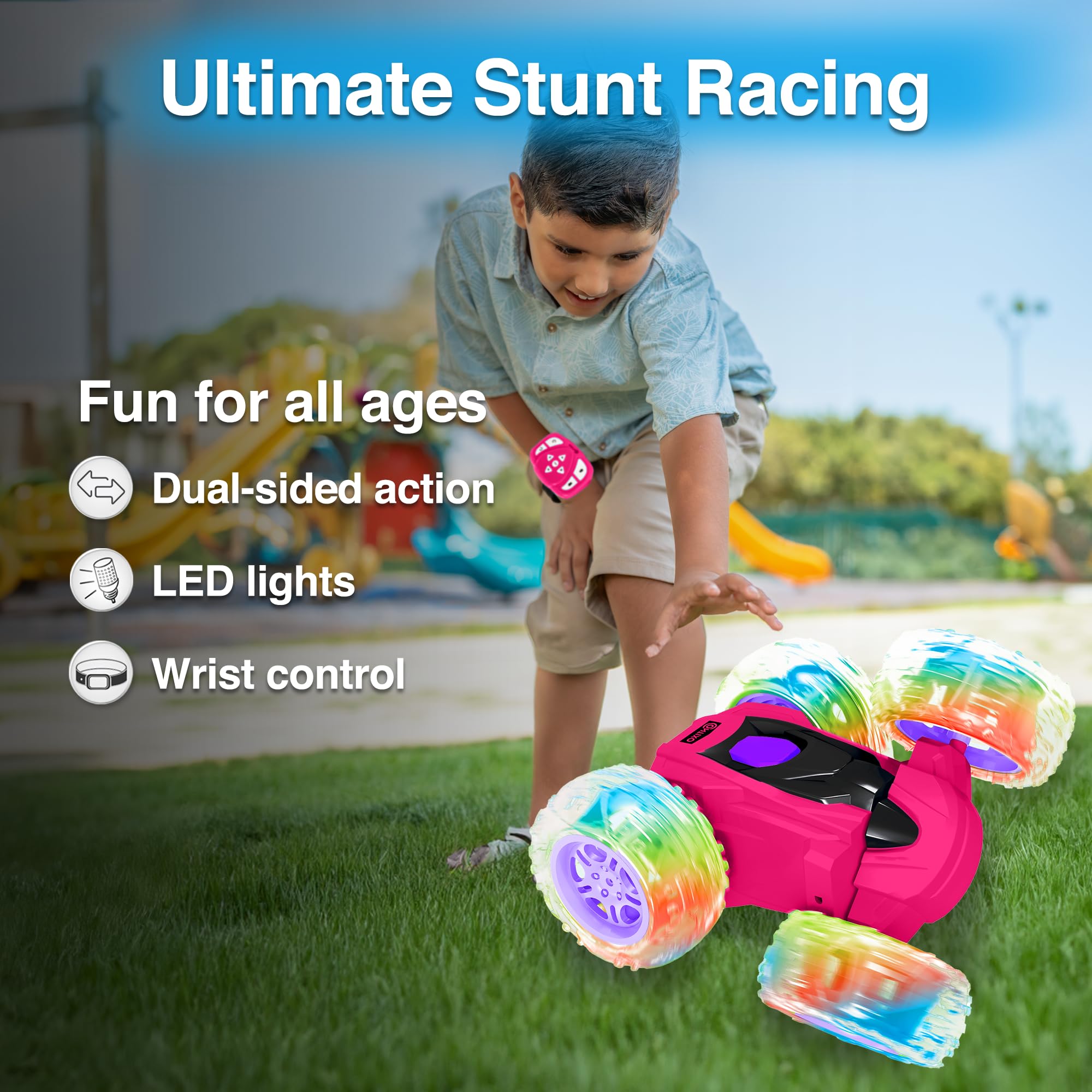 Contixo SC3 pink RC stunt car side view, easy steering for little hands.
