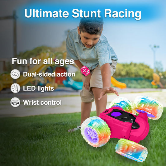 Contixo SC3 pink RC stunt car side view, easy steering for little hands.