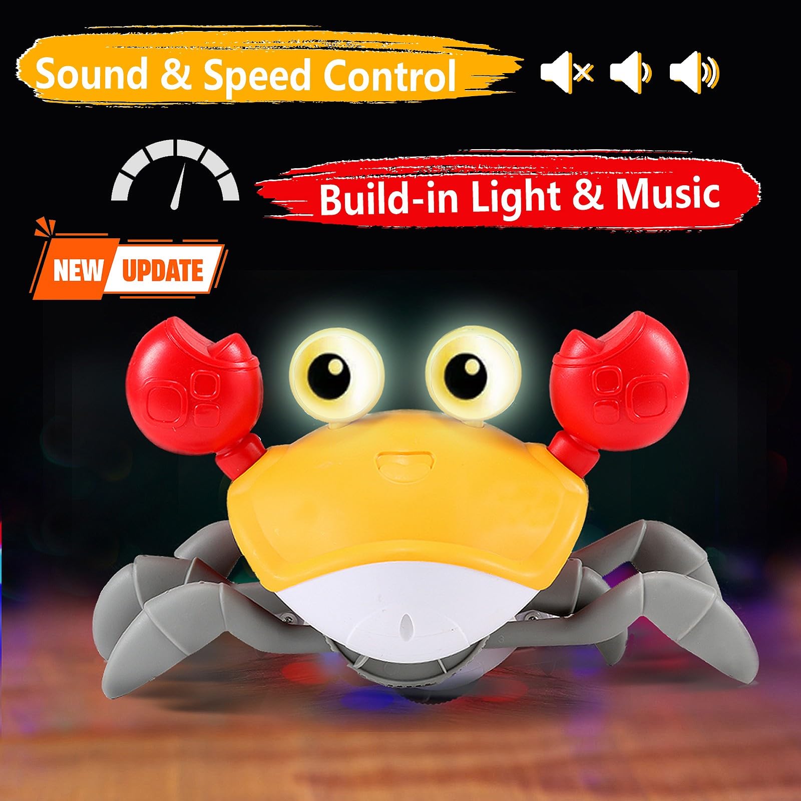 Control Future Crab Toy lights up and plays music for sensory play and exploration.