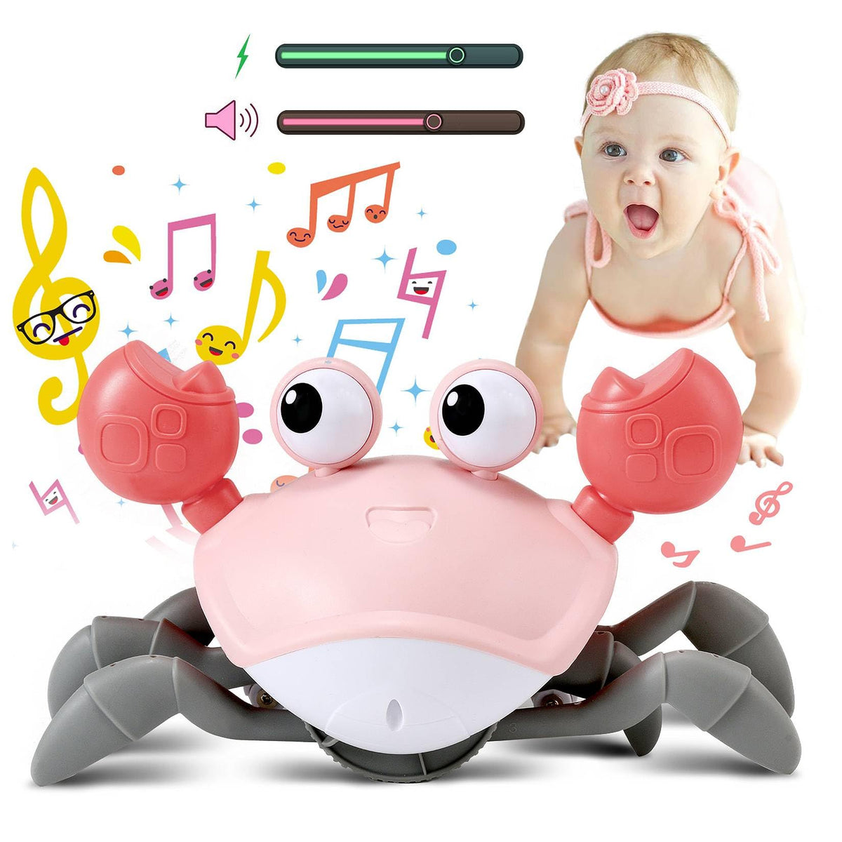 Control Future pink crawling crab toy during tummy time boosts neck control and focus.