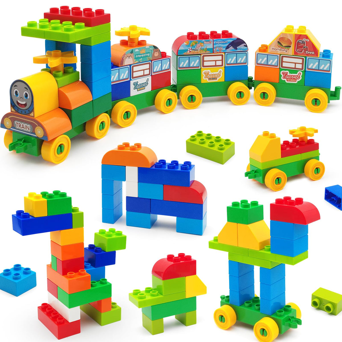 CONVENTEJOY blocks create a city train scene, inspiring imaginative play.