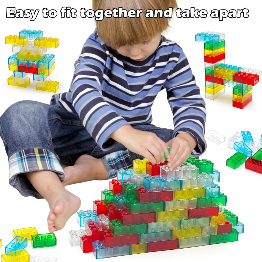 Conventejoy in-use translucent 2x4 bricks close-up showing compatibility