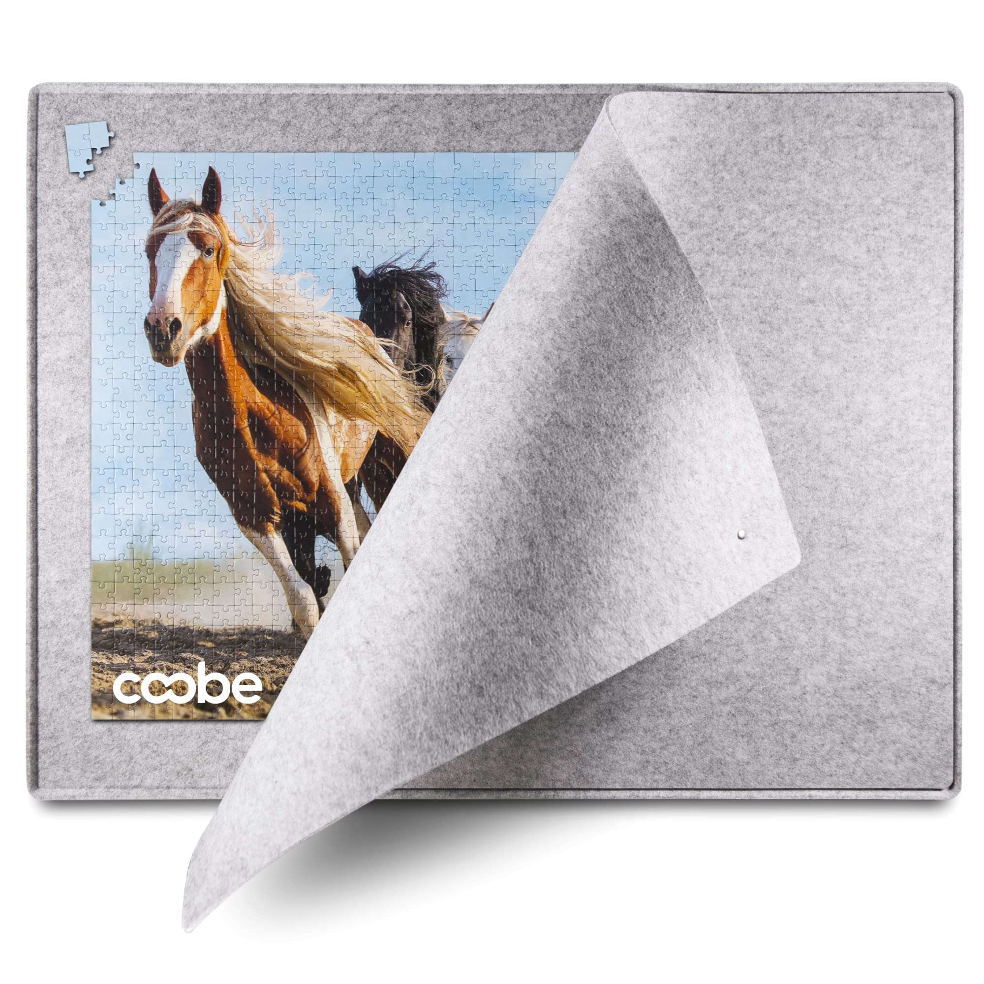 Coobe puzzle board with cover in gray keeps pieces organized during assembly.