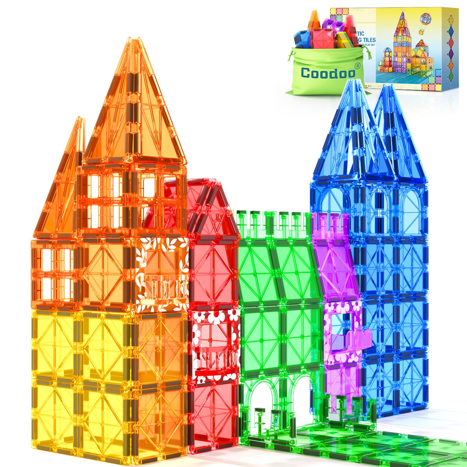 Coodoo 60-piece magnetic tiles with rainbow bricks spark imaginative building play.